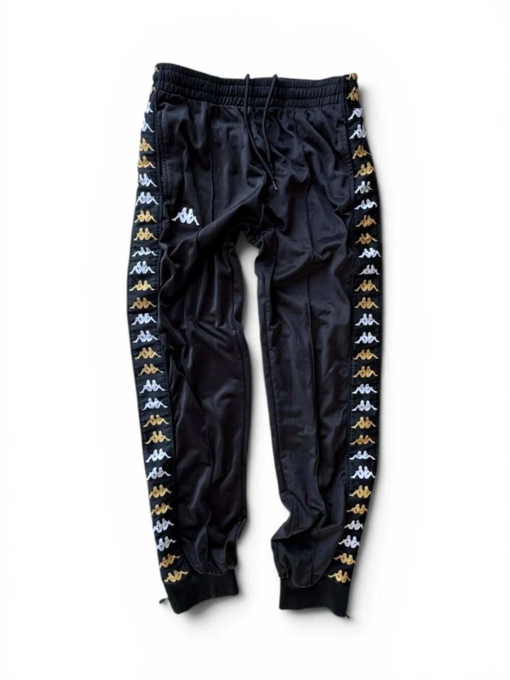 Kappa 222 Banda Rastoria Slim Track Pants Black Gold White Logo Tape Size S